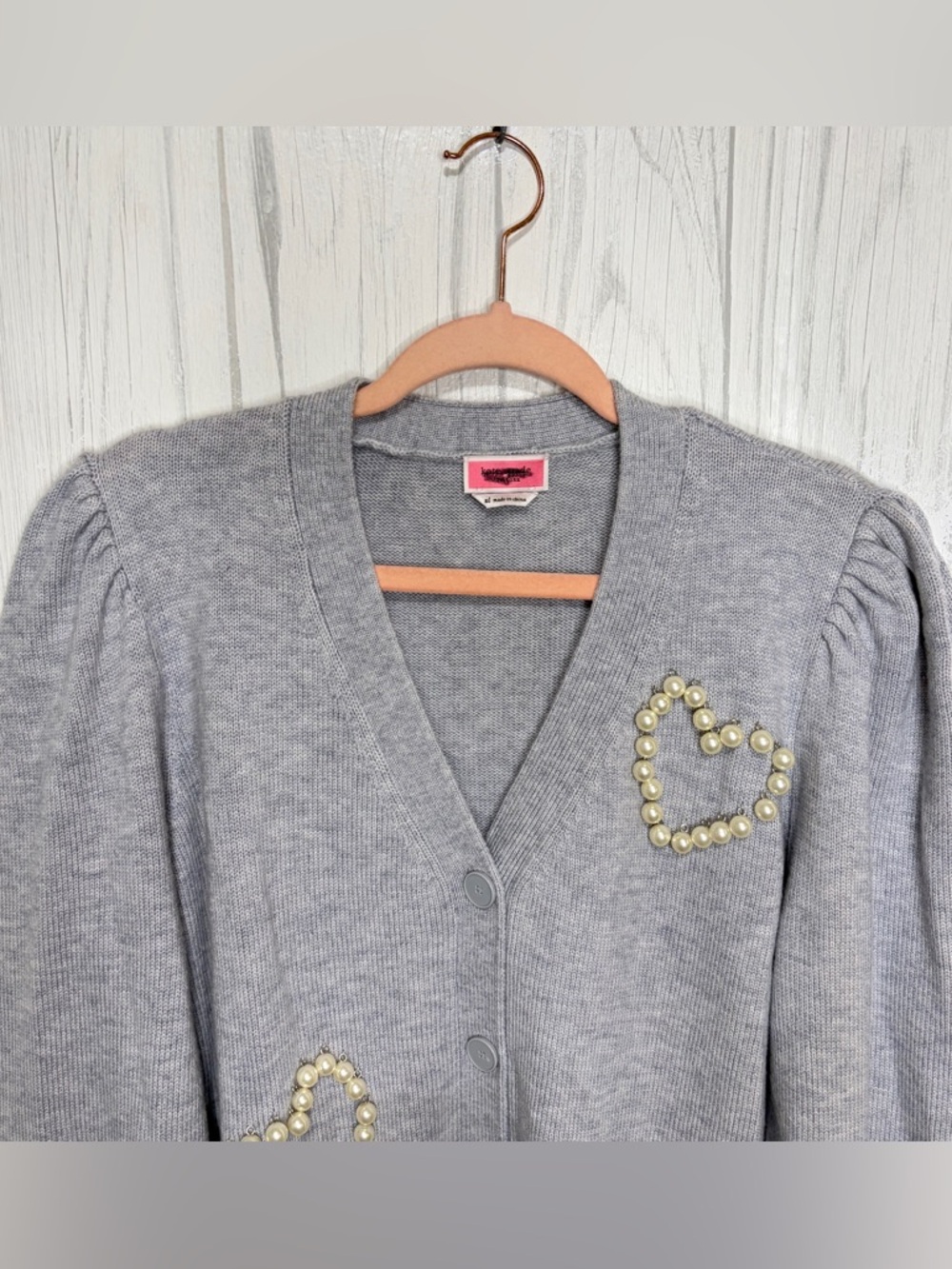 KATE SPADE NEW YORK Pearl Heart Embellished Light Gray Cardigan, XL - Picture 3 of 10